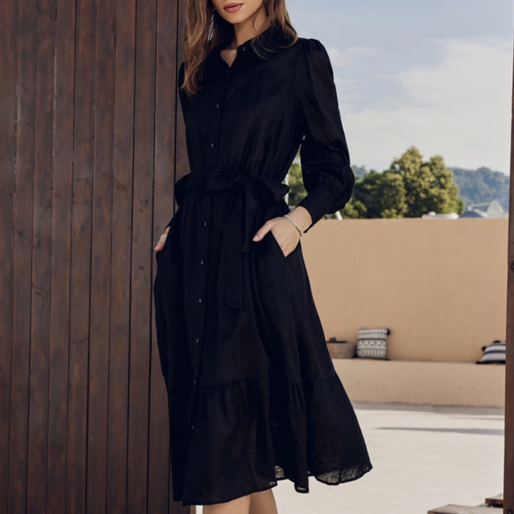NWT - Flax-Linen Frieeah Black Midi Shirtdress with Pockets & Belt - Size 2XL